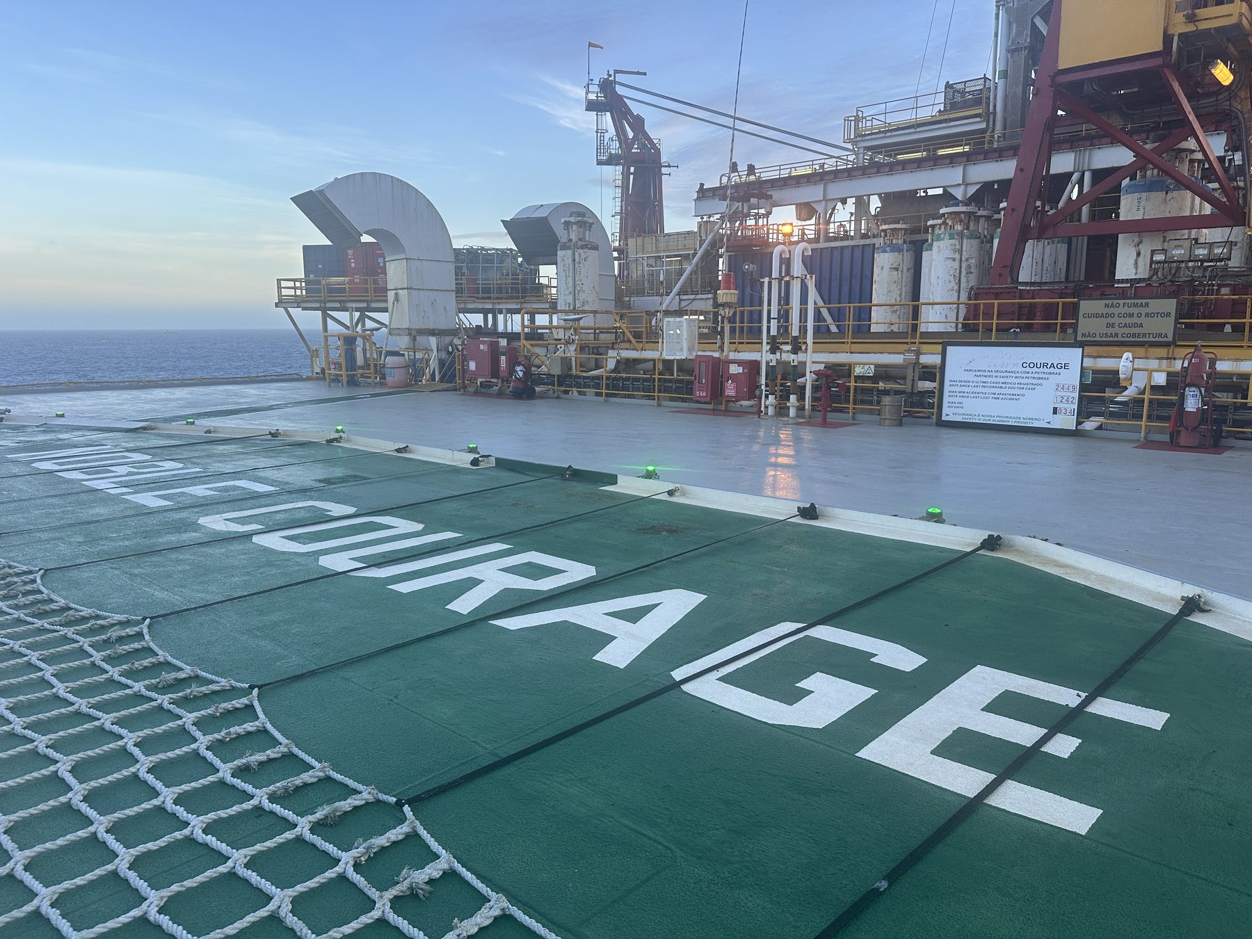 Noble Courage helideck, safety board on deck