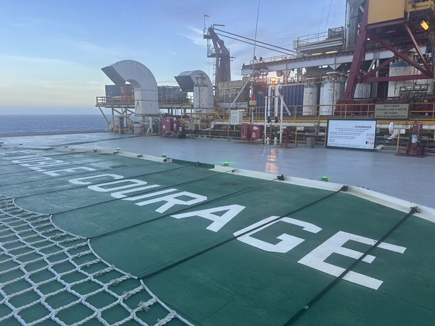 Noble Courage helideck, safety board on deck